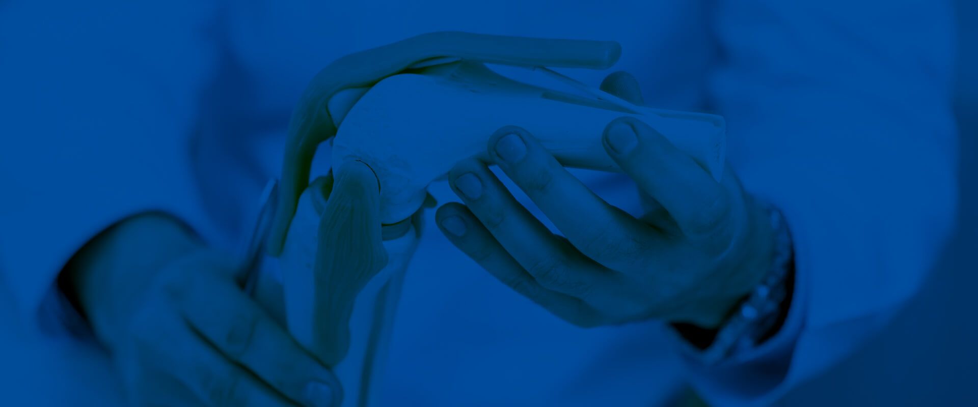 Modell eines Gelenks, das von einer Person mit Arztkittel in den Händen gehalten wird